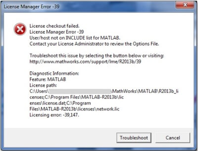 License checkout failed. License Manager Error - 39 License checkout failed. License Manager Error - 39